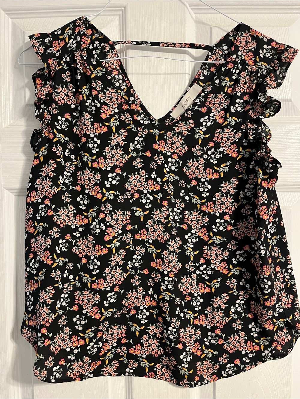 LOFT Black Floral Blouse with Ruffle Detail